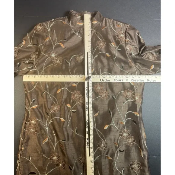 Vintage Victor Costa Womens Embroidered Long Top Coat Brown Mandarin Collar Sz M - Picture 4 of 5